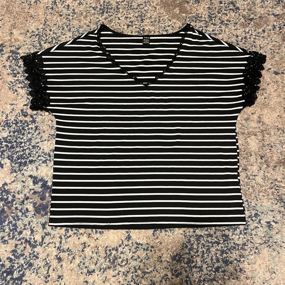 SHEIN Black & White Striped Lace Trim Tee Women's Large
